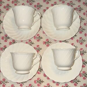 Noritake Windsor White Teacup and Saucer Set - Scalloped Swirl Pattern